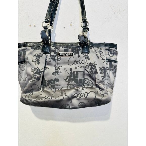 COACH Grey Black Stage Coach Horse Printed Fabric Y2K Leather Tote Handbag - Picture 1 of 15